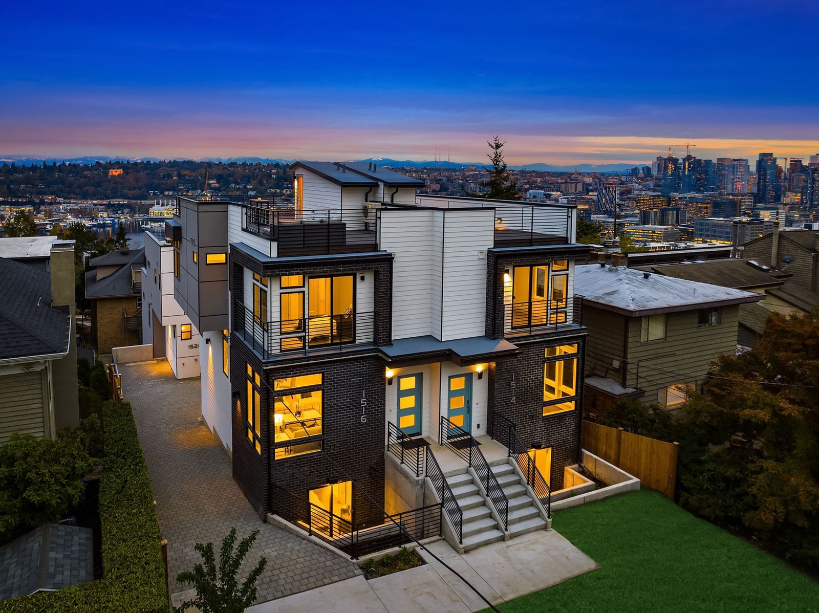 A WestPro-built townhome at dusk on Queen Anne, Seattle